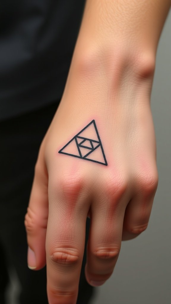 A hand displaying a geometric triangle tattoo on the finger.