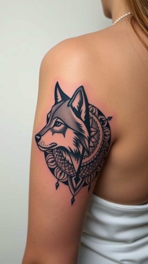 Geometric wolf tattoo with mandala elements on a person's shoulder