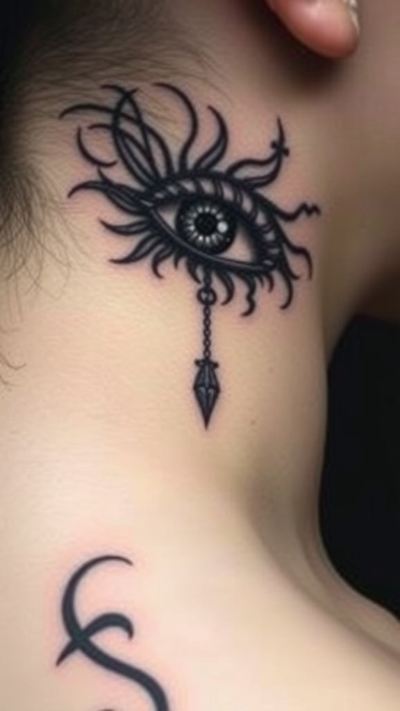 Gothic eye tattoo design featuring intricate lines and dark elements