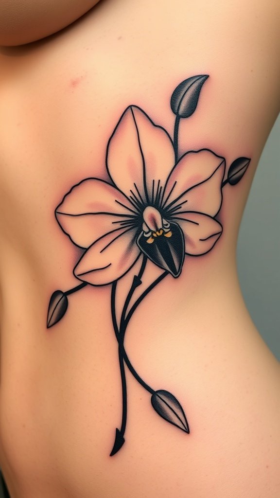 A close-up of a graceful orchid tattoo on the shoulder.