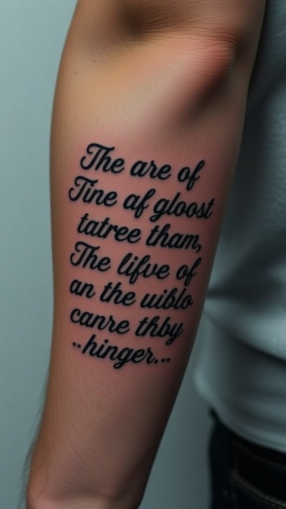 Tattoo of an iconic movie quote in elegant script on a person's forearm.