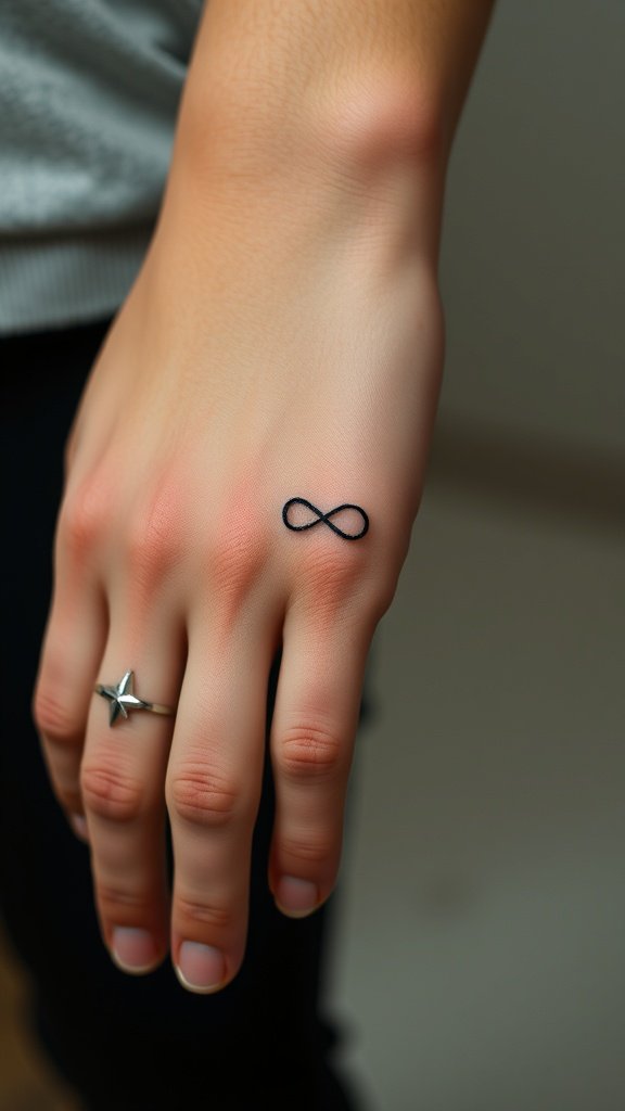 A hand with a small infinity symbol tattoo on the finger.