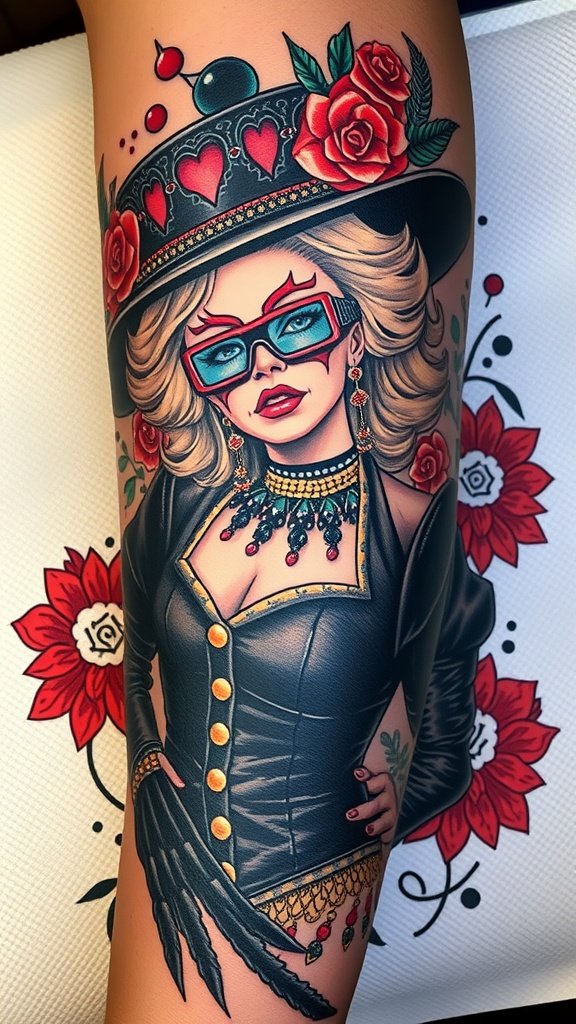 A vibrant tattoo of a woman with a stylish hat, glasses, and roses, showcasing artistic flair.