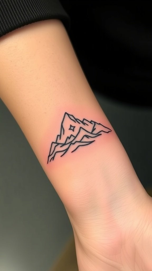 A simple line art tattoo of a mountain on a person's wrist.