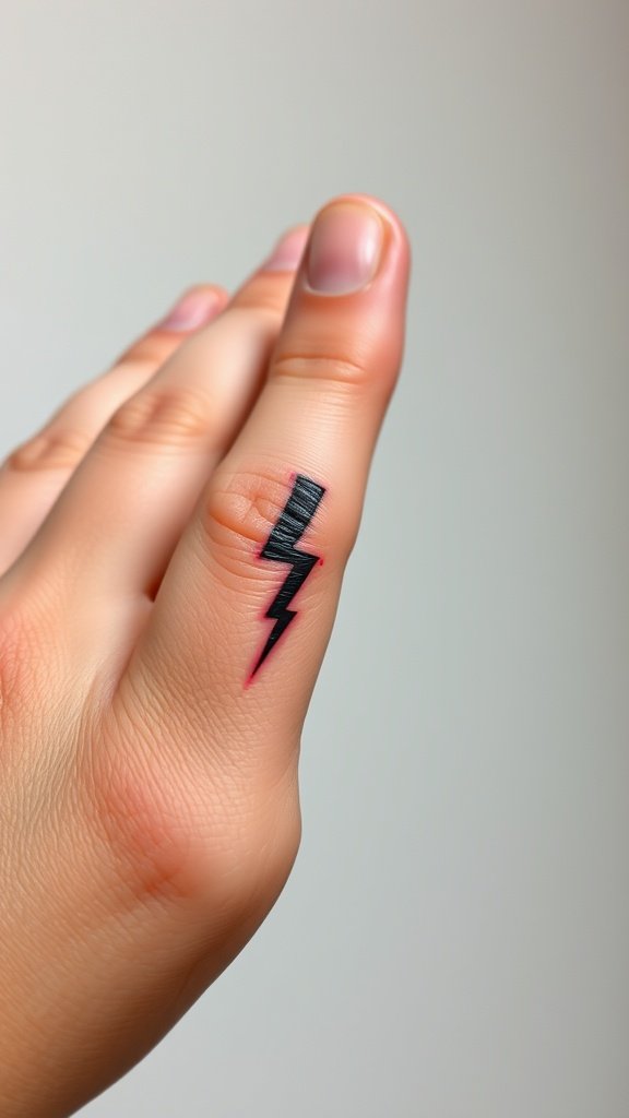 A close-up of a finger with a small lightning bolt tattoo.