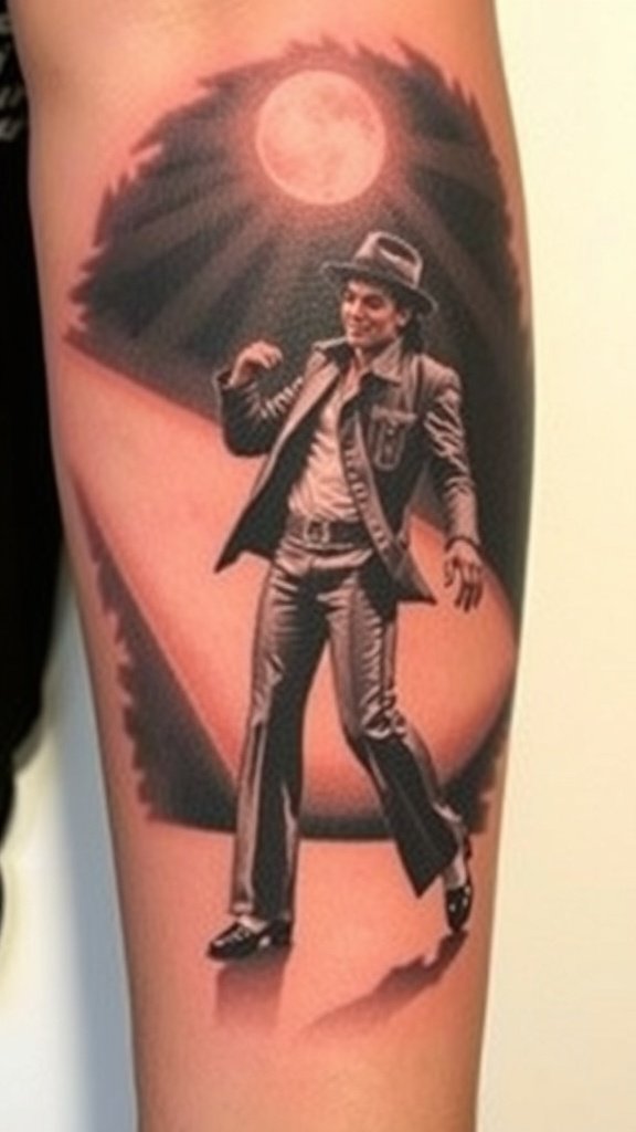 Tattoo of Michael Jackson performing the moonwalk dance move under a full moon