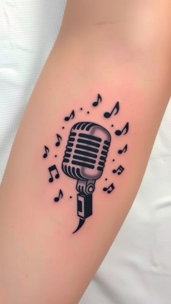 Tattoo of a microphone with music notes on an arm