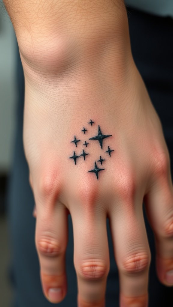 A hand with a small tattoo of a star cluster on the finger.