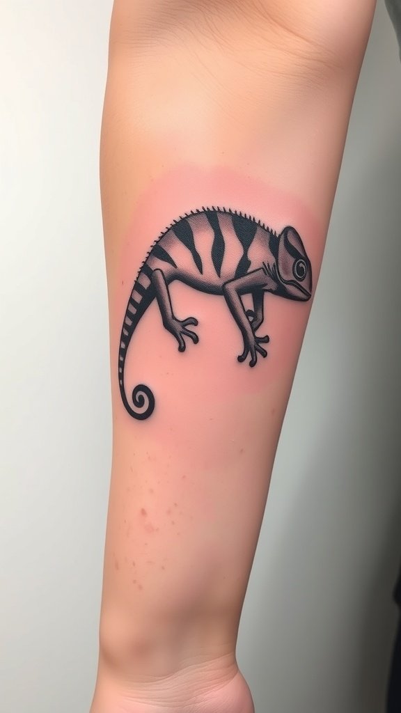 Minimalist chameleon tattoo on an arm.