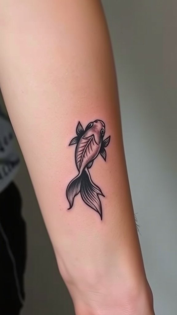 Minimalist goldfish outline tattoo on forearm