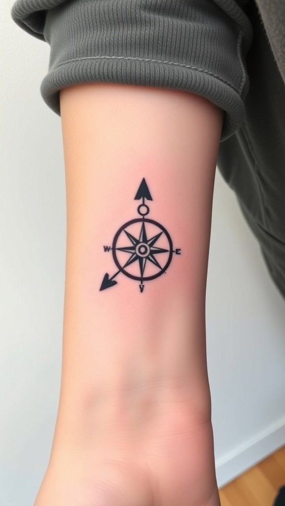 Minimalist micro compass tattoo with an arrow on a person's wrist.
