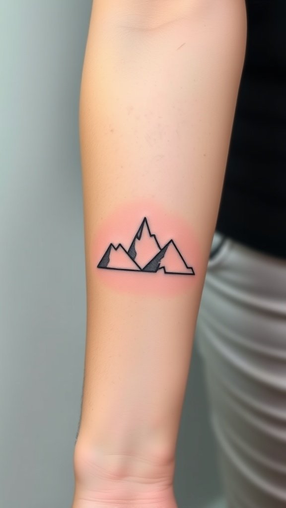 A minimalist mountain silhouette tattoo on an arm.