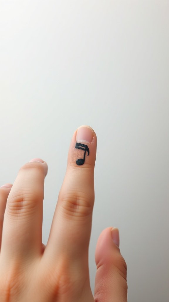 Minimalist music note tattoo on a finger