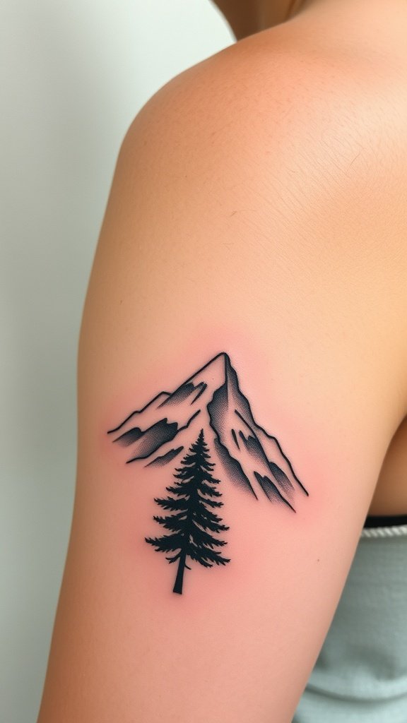 A tattoo featuring a mountain outline and a pine tree on a person's arm.