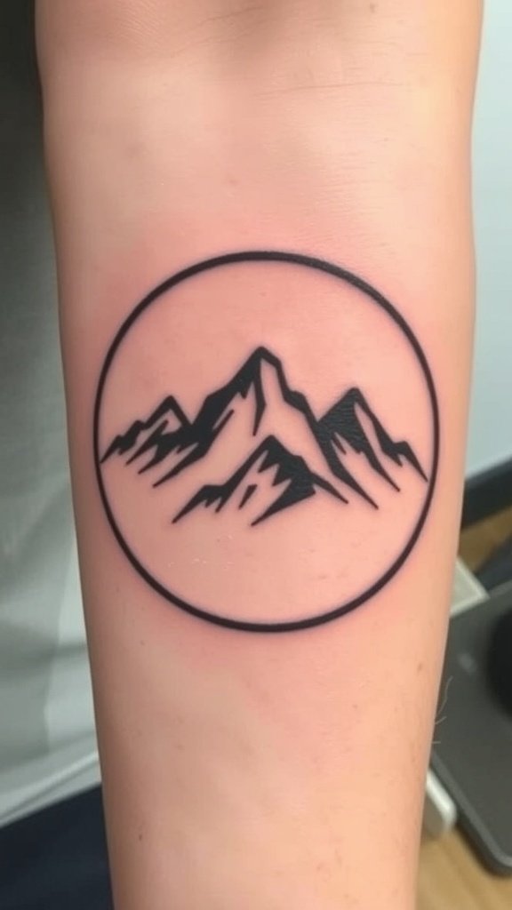 Tattoo of mountain peaks inside a circle on a person's arm