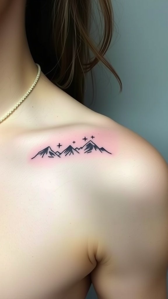 A minimalist tattoo of a mountain range with stars on a shoulder.