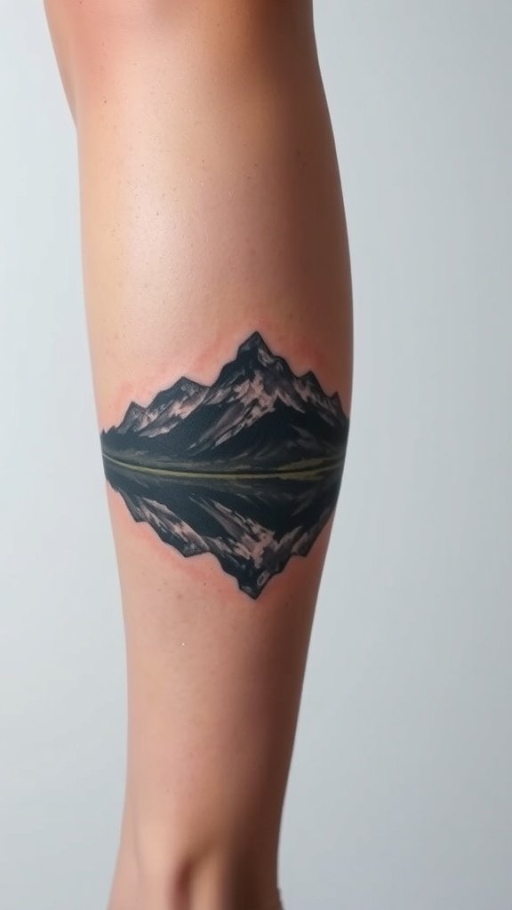 Tattoo of mountains reflecting in water on a person's leg.