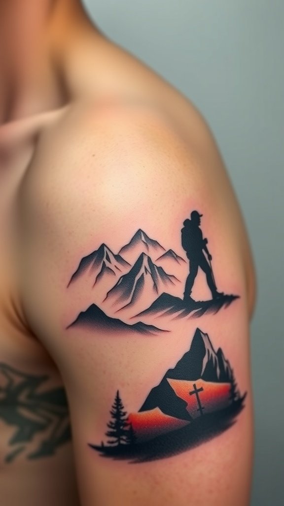 Tattoo of mountains with a hiker silhouette on a shoulder