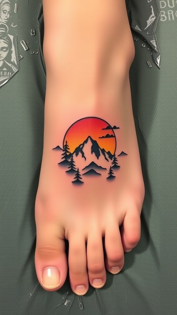 Mountain outline tattoo with a sunset background on a foot.