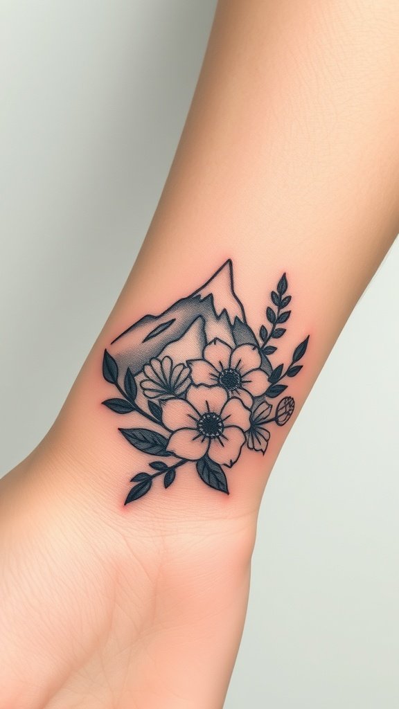 A small mountain outline tattoo with floral accents on a person's wrist.
