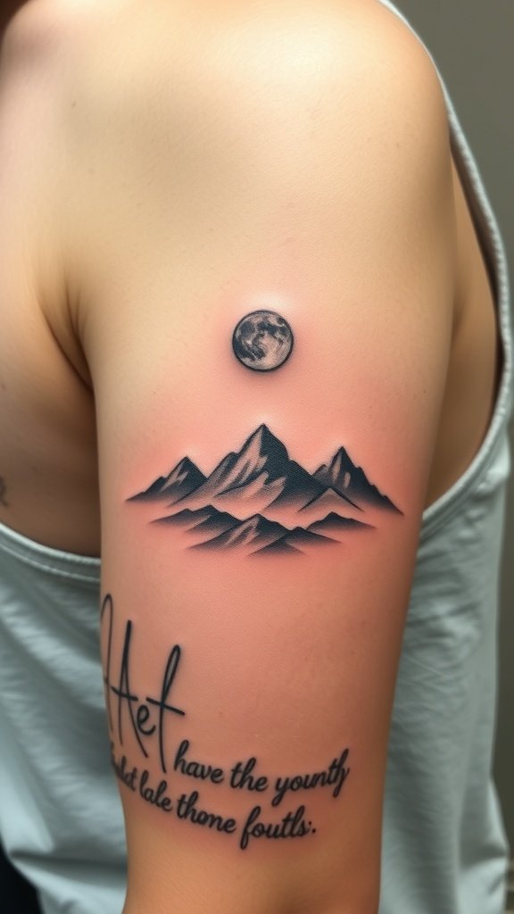 Tattoo of mountains with a moon above them on a person's arm.