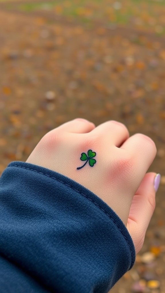 A small green clover tattoo on the hand, surrounded by a blurred natural background.