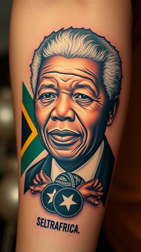 Tattoo of Nelson Mandela with South African flag and medals