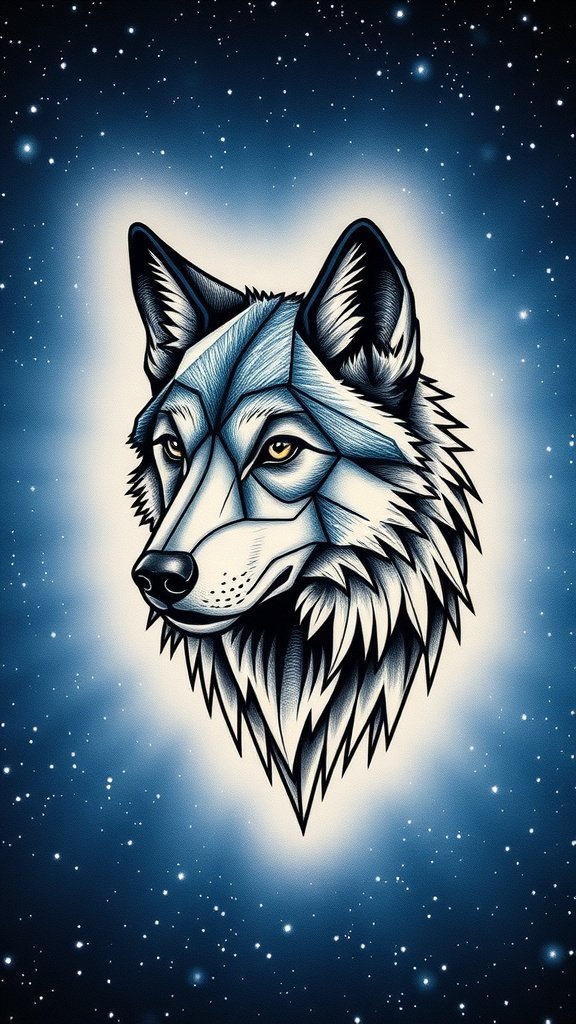 Polygonal wolf tattoo on a person's back with a night sky background