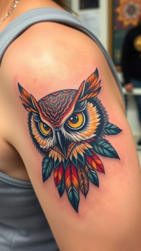 Colorful owl eye tattoo on a person's arm
