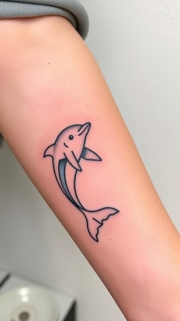 Minimalist dolphin outline tattoo on a forearm.
