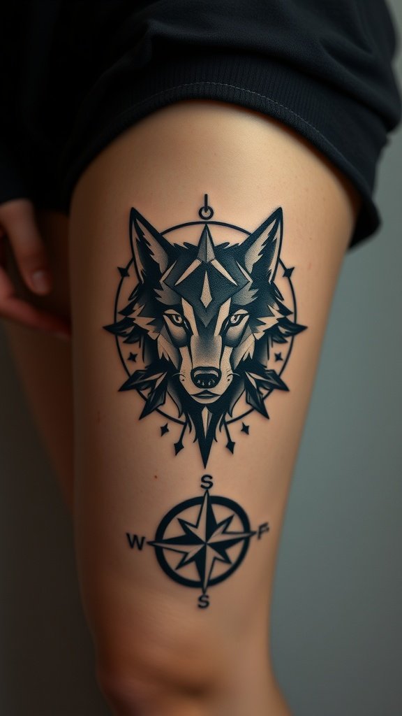 Polygonal wolf tattoo with a compass design on a thigh