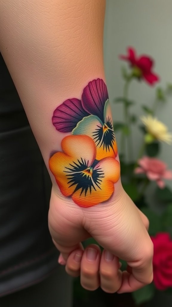 A colorful pansy tattoo on a person's wrist, showcasing vibrant purple, orange, and yellow petals.