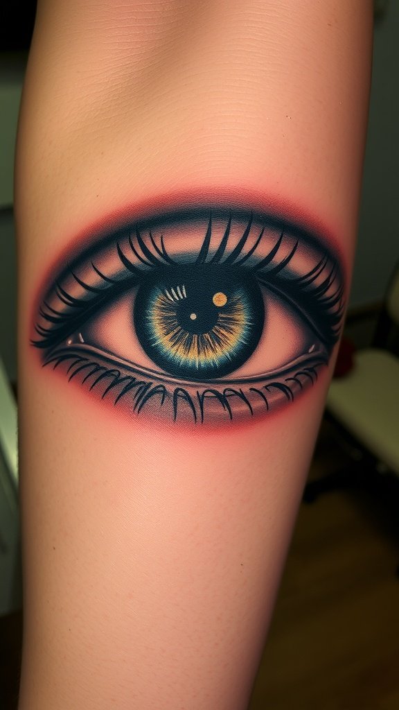 Realistic eye tattoo with reflection on skin