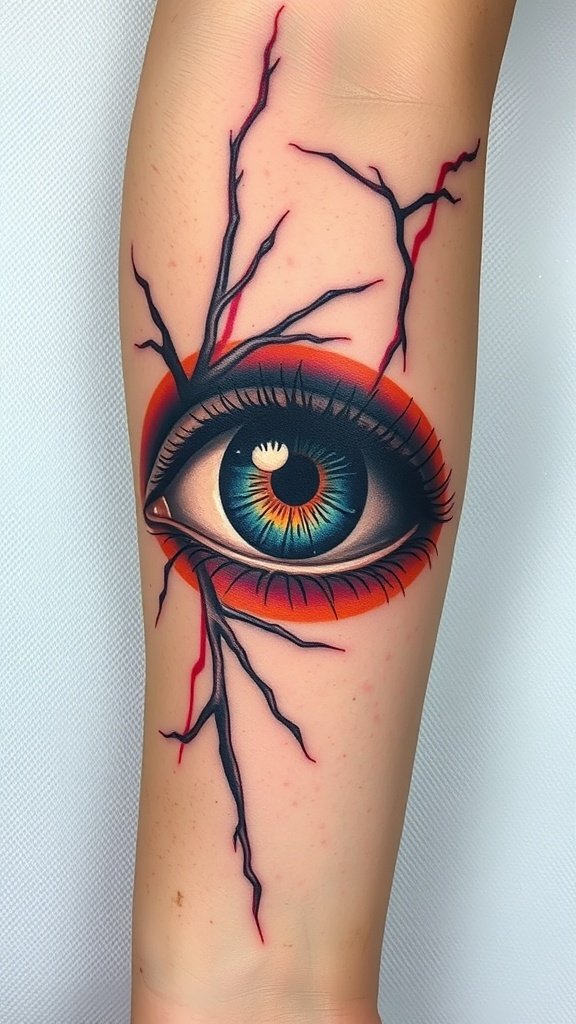 A realistic human eye tattoo with vibrant colors and intricate details.