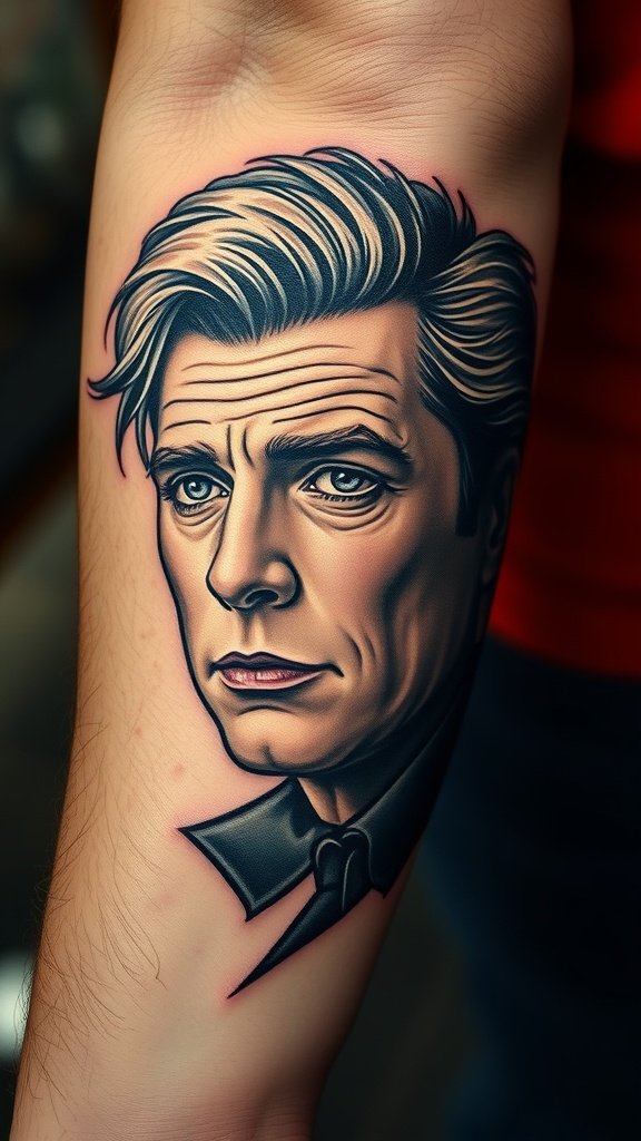Realistic tattoo of a classic film star's portrait on an arm.