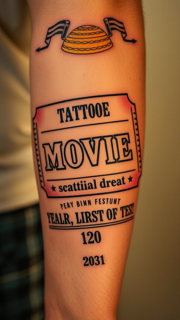 Tattoo of a retro movie ticket stub design on an arm.