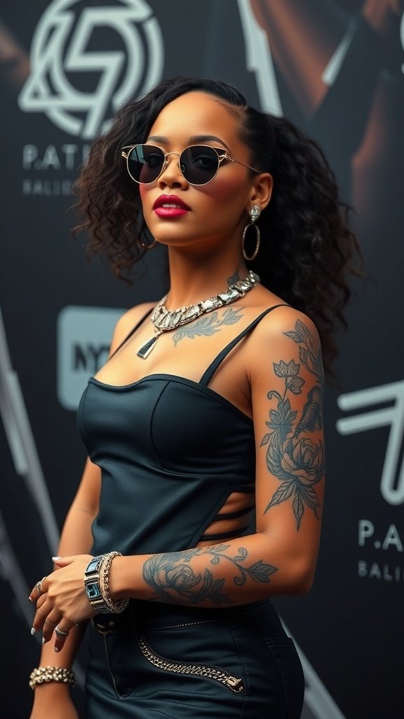 Rihanna posing confidently with stylish sunglasses and visible tattoos