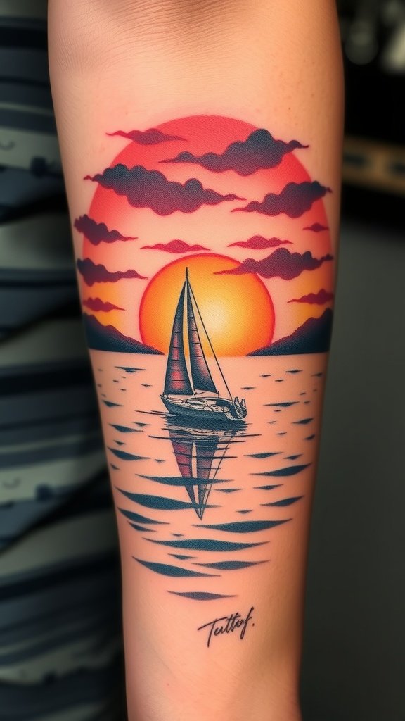 Tattoo of a sailboat on calm waters with a sunset background