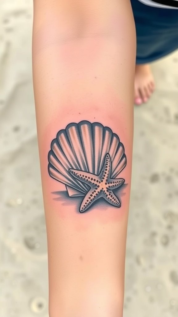 A tattoo of a seashell and a starfish on a person's arm