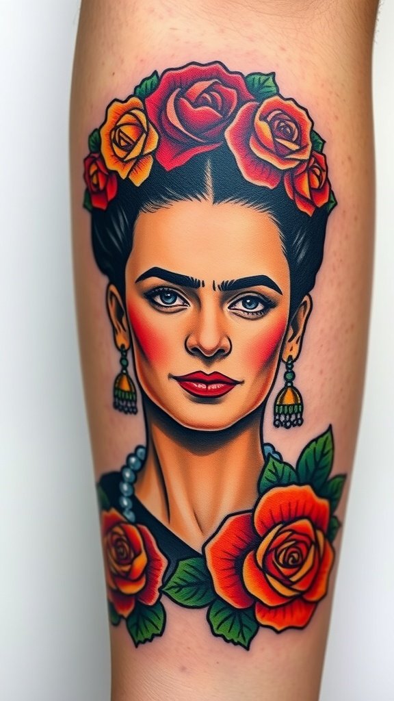 Tattoo of Frida Kahlo's self-portrait with flowers