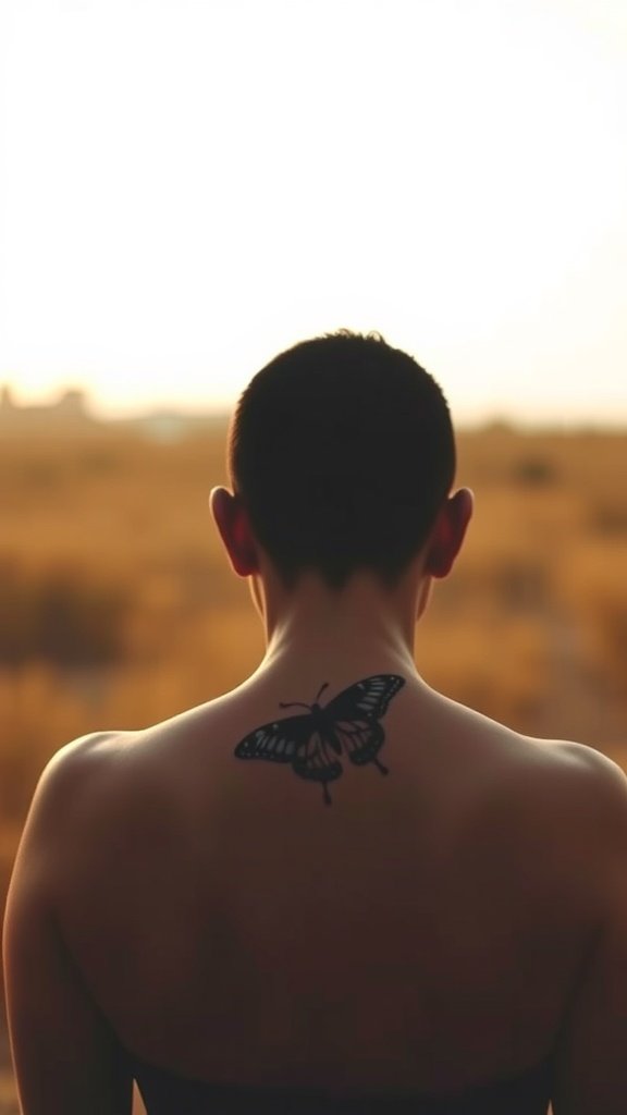 Silhouette butterfly tattoo on the back of a person