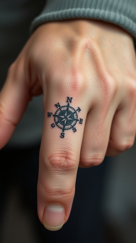 Tiny compass tattoo on a finger
