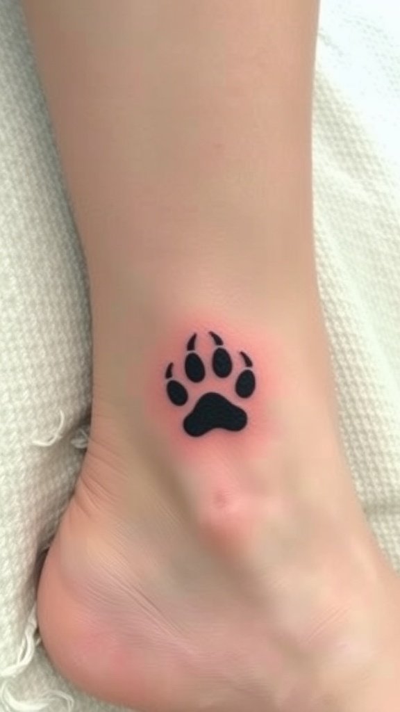 Minimalist tattoo of a fox paw print on an ankle.