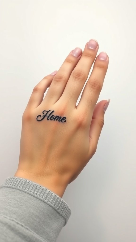 A hand with a small tattoo of the word 'Home' on the finger.