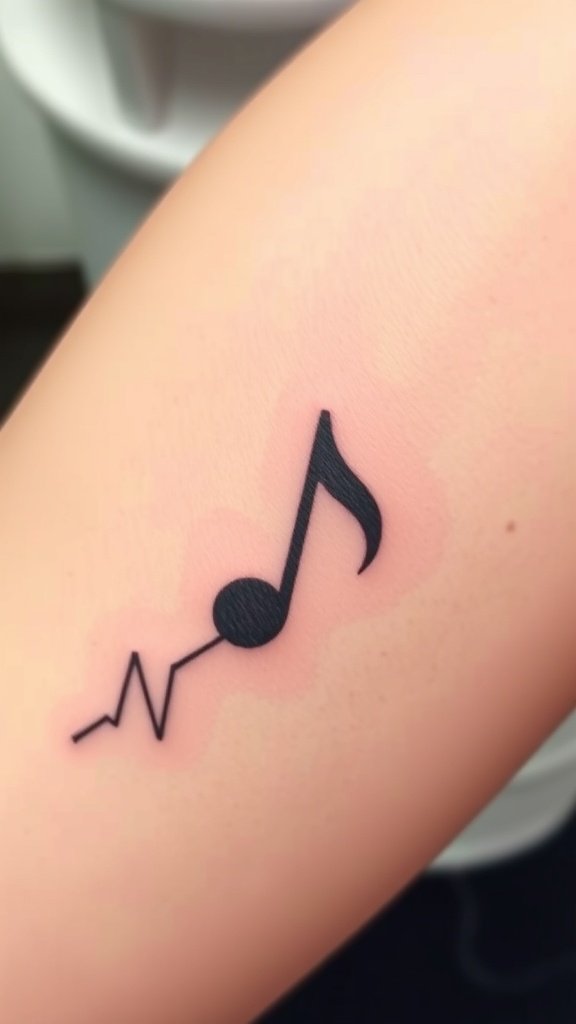 A small tattoo featuring a music note and a heartbeat line.
