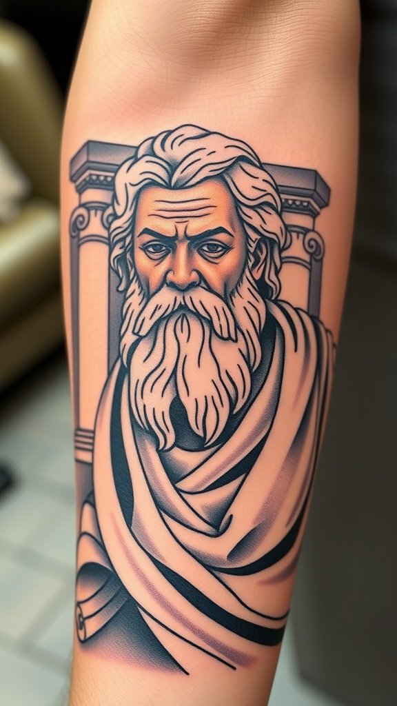 Tattoo of Socrates, the ancient Greek philosopher, showcasing his thoughtful expression.