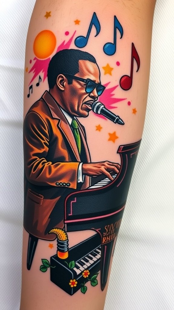 Tattoo of Stevie Wonder playing piano with musical notes and colorful background