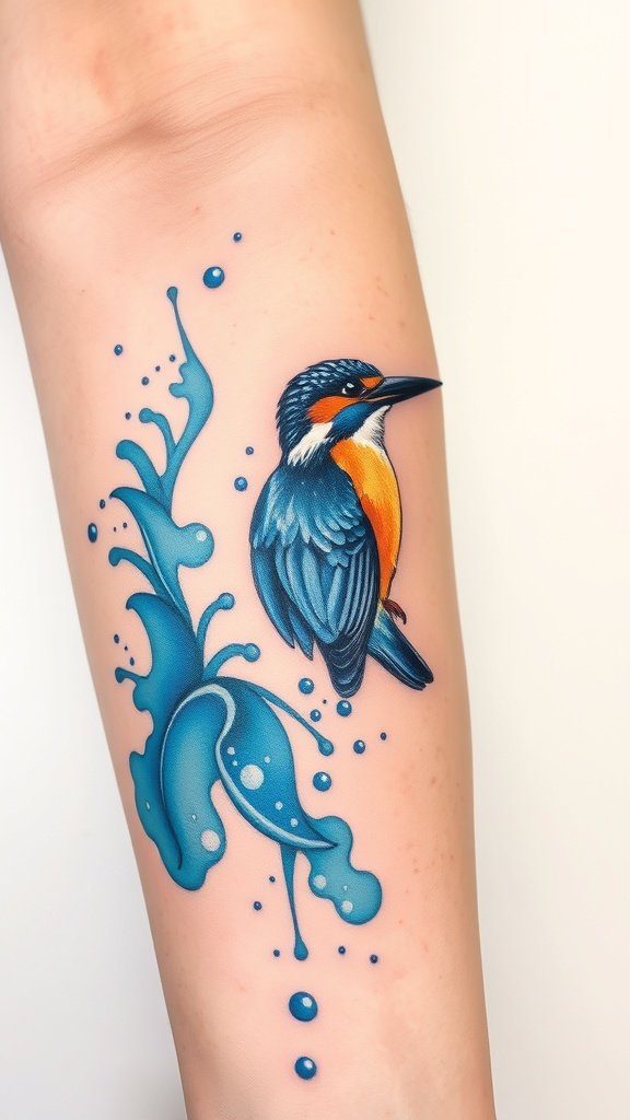 A colorful kingfisher tattoo with blue water splashes on a person's arm.