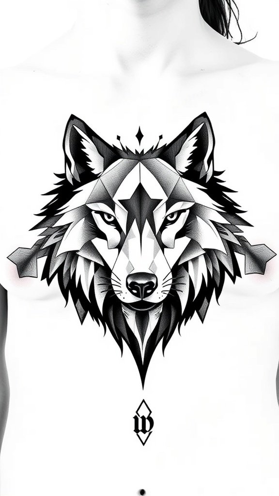 Stylized black and white polygonal wolf tattoo on a person's chest.