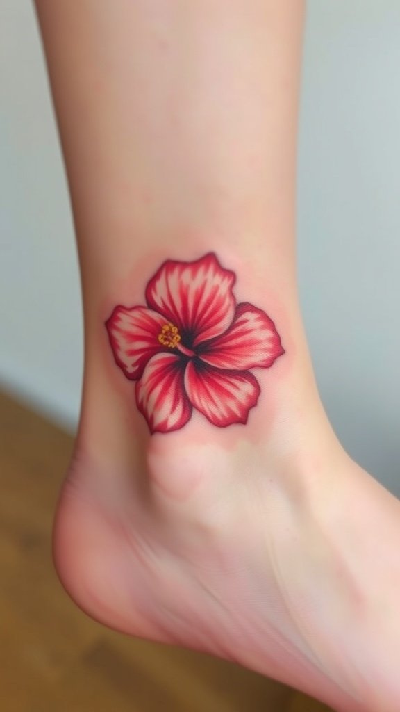 A close-up of a subtle hibiscus tattoo on an ankle, surrounded by flowers.